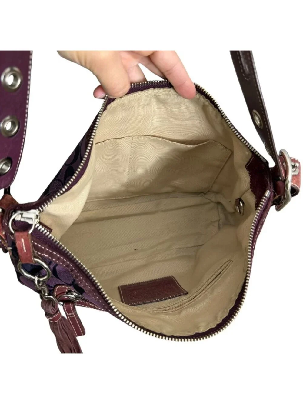 Vintage Y2K Coach 9363 Signature East West Shoulder Bag Tassel Purple Monogram‎